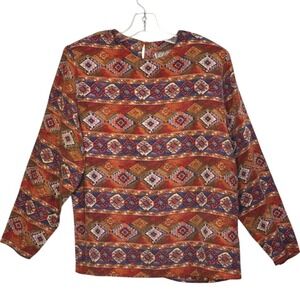 Vintage Pat Argenti Blouse Pure‎ Silk Geometric Art Deco Red Orange Blue 10
